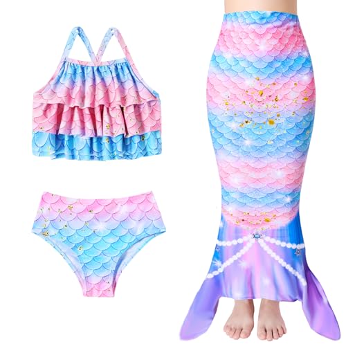 Image of Redair Mermaid Girls Bathing Suit 3PCS Ruffle Top Bikini Bottoms Swimsuit Kids Beach Pool Swimwear 3-11Y