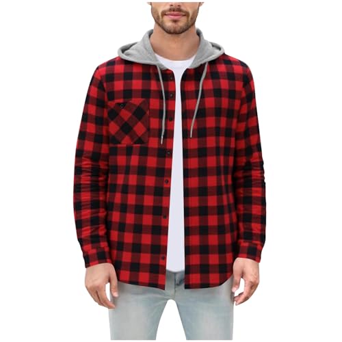 Hoodies for Men 2025 Trendy Plaid Button Down Sweatshirt Casual Long Sleeve Hooded Jacket Coats with Chest Pocket