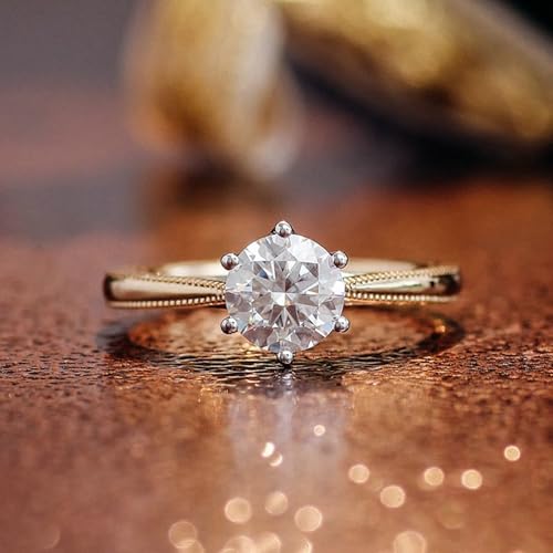 Women Wedding Band Moissanite, Simple Engagement Ring 9K/14K/18K Yellow Gold with 6 Prong Round Shape Moissanite 1/2/3ct Band Comfort Fit4