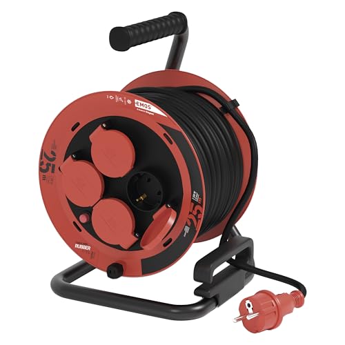 EMOS Enrouleur de câble de 25 m - 4 prises Schuko avec protection de contact accrue - Étanche et résistant au froid - Résistant aux chocs - 230 V, 10 A,...