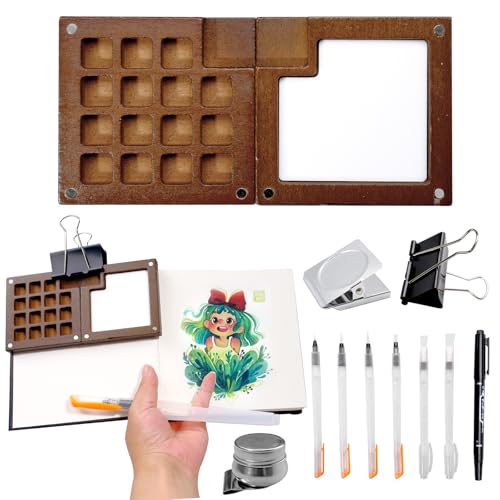 TANEMUDO 15 Pieces Mini Portable Watercolor Palette Set with Wooden