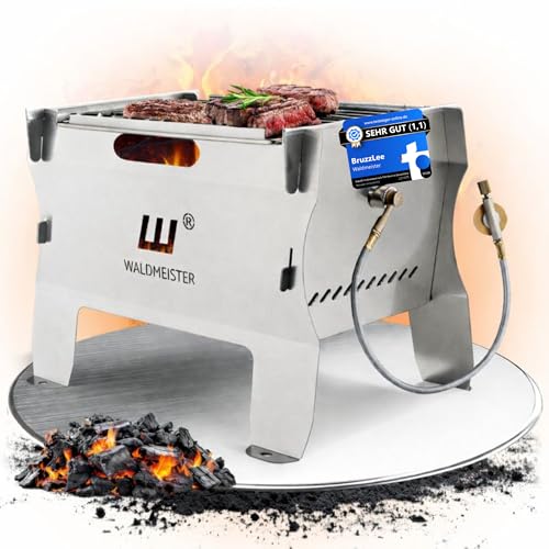 WALDMEISTER BruzzLee mobiler Gasgrill klein [Super-Set] Mini Plancha Grill | Campinggrill klein | Tischgrill | steckbar, leicht und tragbar - perfekt für unterwegs