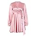 Produktbild CWTCHE Satin Long Lantern Sleeve V-Ausschnitt Wickelverband Sexy Minikleid Herbst Winter Frauen Streetwear Party Outfits L Pink
