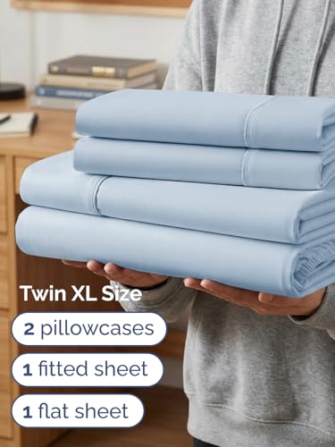 Image of Extra Deep Twin XL Sheet Set - 4 Piece Breathable Cooling Sheets - Sky Blue | Hotel Luxury Bed Sheets Set, Easy & Secure Fit, Ultra-Soft, Wrinkle & Fade Free, Comfy Sheets Set with Extra Deep Pockets