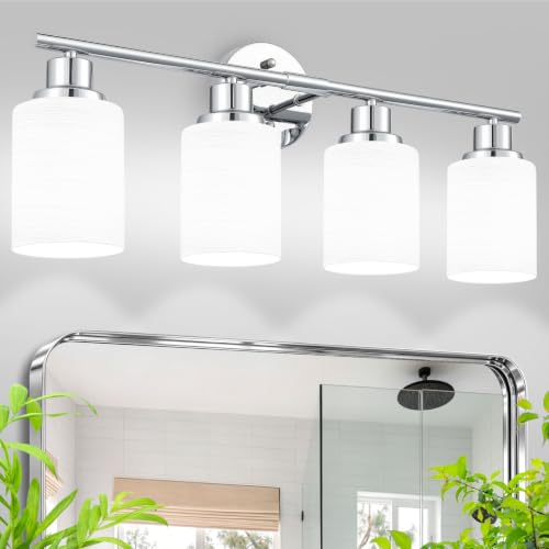 Image of 4-Light Chrome Vanity Lights for Mirror, Bathroom Light Fixtures with Textured Milky White Glass Shade, Modern Kitchen Light Fixtures Wall Sconce Light