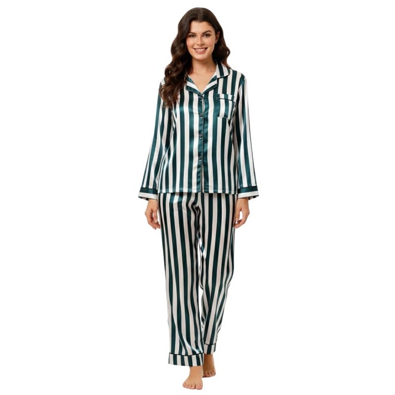 Image of Night Suit for Women with Full Sleeve Button-Down Top with Pant Dress for Woman, Cotton Night Dress for Woman, Two-Piece Loungewear Set