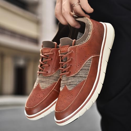 Men's Genuine Leather Knit Oxfords Sneakers Fashion Carving Round-Toe Lace Up Low Top Brogue Dress Shoes Lightweight Comfortable Casual Business Formal Shoes3