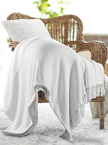 Image of SASHAA WORLD Cotton Chevron Throw Blanket Handwoven with Fringes, XL Sofa Throw Blanket /Bedcover (170x250 cm, White)