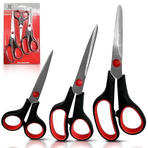3-pack All Purpose Scissors 3 Sizes Ultra Sharp SS Blades Comfort Non-Slip Ergonomic Handle Great as Office Gifts, Home, Kitchen Shears, School, Sewing Fabrics, Crafts, And Multipurpose