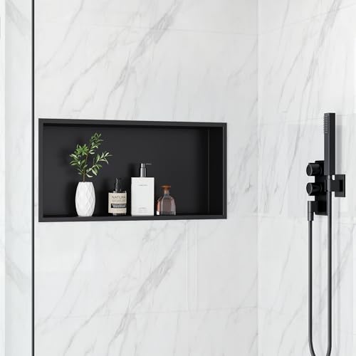 Qeke Wandnische aus 304 Edelstahl, Duschnische mit Rahmen, Unterputz-Nishce für Badezimmeraufbewahren, wasserdichte Einbaunische, Keine Fliese benötigt, einzelschichte, 60x30x10 cm, Schwarz