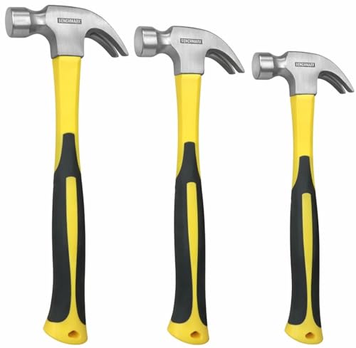 3 Piece Claw Hammer Set (20 oz, 16 oz, 8 oz) – Fiberglass Handle, Anti-Slip Grip, Polished Steel Head...