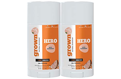 Fresh Kids Deodorant for Boys Ages 6 and Up (Set of 2) - HERO - High-Performance Natural Underarm Stick - Aluminum-Free - Prevent Body Odor - For a Kid or Teen Boy - Clean, Fresh, & Cool - Grownish