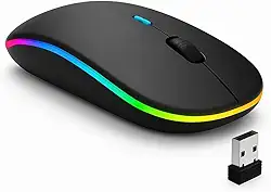 Mouse Sem Fio Recarregável com LED RGB Colorido, Bluetooth + USB 2.4GHz, Design Ergonômico Óptico – Para Notebook, PC e Desktop – Linha Premium