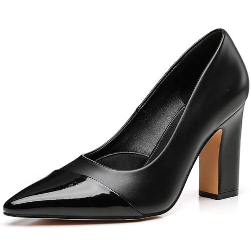 Trary Black Heels Closed Pointed Toe Chunky Pumps Shoes Women Comfortable Block High Heels Slip-On Office Party Wedding Dress Women's Shoes 3.54' Heel Size 9