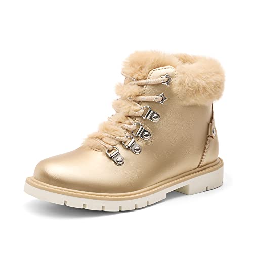 DREAM PAIRS Girls Kids Side Zipper Lace up Faux Fur Ankle Boots 4 Big Kid Gold/Pu