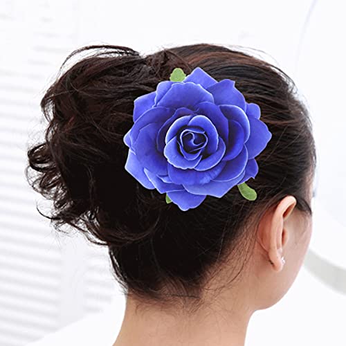 OSALADI Flower Hair Accessories Artificial Floral Hair Clip Big Rose Flower Hairpin Wedding Bridal Barrette Elegant Brooch Accessories for Women Girl Bridal Blue White Roses Artificial Flowers - Image 4