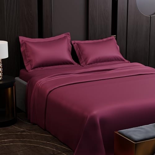 Image of Stoa Paris 350TC Luxstre Cotton Super King Flat Bedding Set for King & Double Size Beds with 2 Pillow Covers, 274cm x 274 cm Bedsheet, All-Season Comfort, Breathable, Home Decor, Panache - Maroon