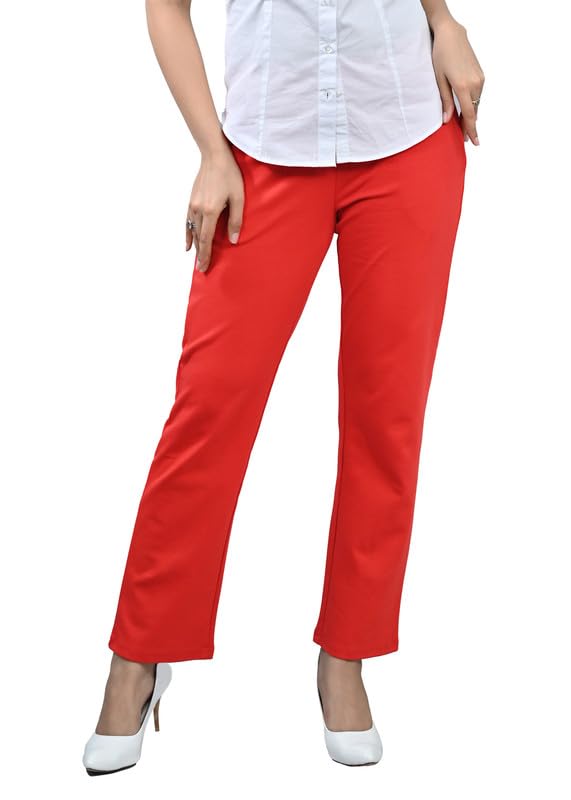 Image of Mlada Straight Fit Cigarette Pencil Pants Elastic Waist Band Mid High Waist Formal Office Trousers for Women, Pockets for Travel Stretch Cotton Knit Full Length Regular /Plus Size