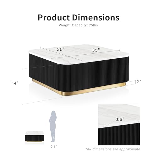 Image of Furniture of America Beryl Modern Square White Genuine Marble Top Coffee Table with Fluted Pedestal Base and Gold Stainless Steel Accent, Low Profile Table for Living Room, Home Office, Black
