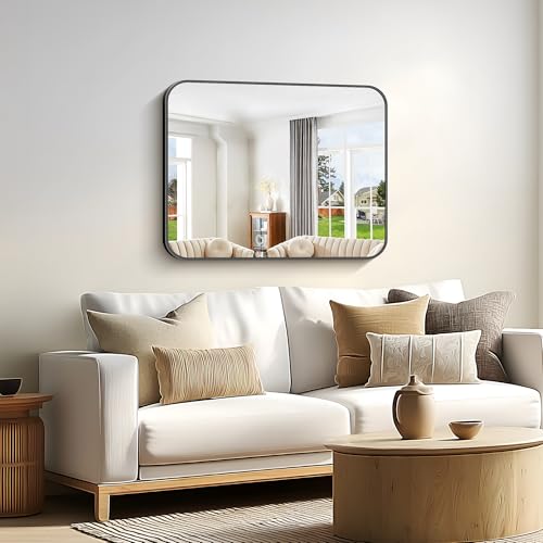 Image of Bathroom Mirror, 30 x 24 inch Metal Framed Black Rectangle Mirror, Rounded Corner Rectangular Vanity Mirror, Wall Mounted Mirror for Modern Bedroom Living Room Hangs Horizontal or Vertical