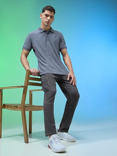 Image of TECHNOSPORT Men's Solid Straight Fit Cargo Pants TS Flexi 6 Pocket Polyester Quick Dry Elasticated Drawstring for Gym Travel Running Workout