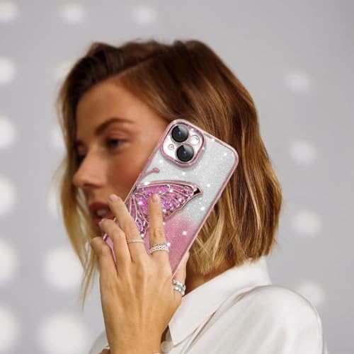 Image of SHINESTAR 3D Butterfly Case for iPhone 15 Cover, Cute Girly Glitter Bling Luxury Back Cover for Women Girls Protective Shockproof Slim Camera Protection for iPhone 15 - Pink