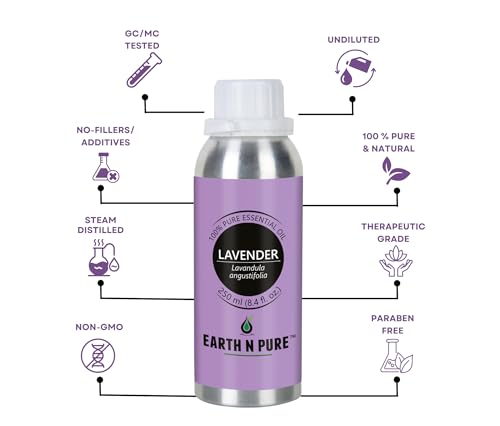Image of Earth N Pure Lavender Essential Oil Sleep & Relaxation | GC /MS Tested | Rich in Linalool & Linalyl Acetate for Diffuser, Skin & Hair - 250ml
