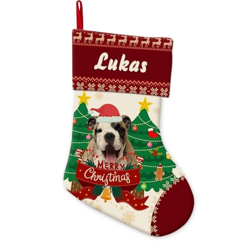 GABSHAIM Xmas Stockings English Bulldog Puppy Dog with Christmas Tree Decor Personalized Linen Jingle Bell Stocking Merry Christmas for Holiday Xmas Party Decoration 14.4 Inch Style 3
