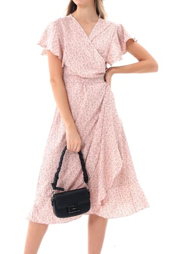 Image of Women's Summer Wrap Maxi Dress Casual Boho Floral V Neck Short Sleeve Ruffle Hem Split Beach Long Dresses