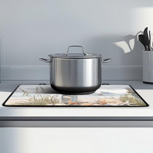 Image of Glass Ceramic Top Stove Cover Flat Cooktop Mat Range Covers for Electric Stove Anti-Scratch Induction Stove Top Protector Mat, 29 x 21 Inch, Starfish Shell Seagull Grass Wooden Pile Beach