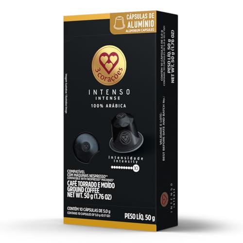 3 Corações Cápsulas de Café Intenso, Compatíveis com Nespresso, contém 10 cápsulas