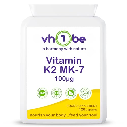 Vitamin K2 MK7 100mcg High Strength Bone Health Vitamin Supplement – 120 Vegan Capsules Made in UK, Supports Calcium Absorption & Bone Density | 100% Natural Vitamin K2 MK-7 by vh1be