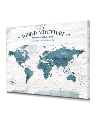 Image of IPIC - Vintage Teal World Map Canvas Wall Art, Push Pin World Map to Track Your Travels, Rustic Style Wall Decor for Home, Office, Living Room or RV, Ready to Hang, Made in USA