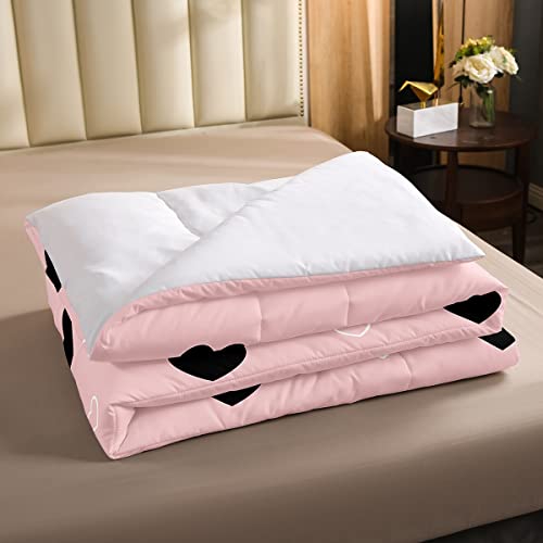 Girls Comforter Set Twin Size Cute Heart Pattern Bedding Set Lovely Pink Black Down Comforter Cartoon Geometric Soft Quilt Set Girly Kawaii Bedroom Decor Gift Modern Duvet Set With 1 Pillowcase #TOP2