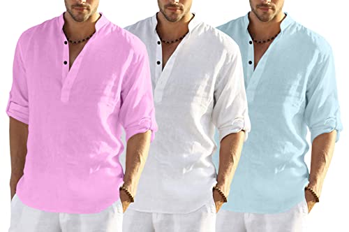 Image of Men's Cotton Blend Combo Short Kurta with Mandarin Collar Neck Full Sleeves Solid Pattern Curved Hemline Regular Fit and Standard Length (Pack of 3)