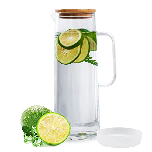 hjn Glass Pitcher with Lid Glass Water Carafe with Handle, Fridge Water Jug Cold or Hot Beverages, Iced Tea, Milk, Juice 1500ml/51oz &