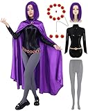 Women Raven Costume Adult Halloween Cosplay Costume with Purple Hooded Cape Wig Belt Jumpsuit Gemstone Anime Role Play Outfit DY032L
