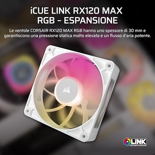 CORSAIR iCUE LINK RX120 MAX RGB 120mm PWM Ventaglio Spesso – Alta Pressione Statica – Cuscinetto Magnetico a Cupola – Ventola Singola – Bianco - Immagine 1