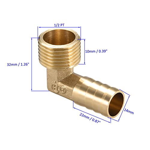 M METERXITY 2 Pack Brass Hose Barb Fittings - 90 Degree Elbow Brass 14mm Barbed Reducer Apply to Water Fuel (1/2 PT Male Pipe) - Image 3