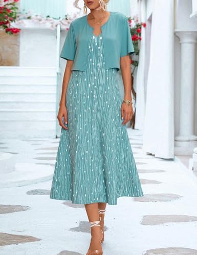 XNC Womens 2 Piece Set Fashion Fresh Plant Print Midi Dress V-Neck Half Sleeve with Jacket A-line Dresses Lounge Outfits2