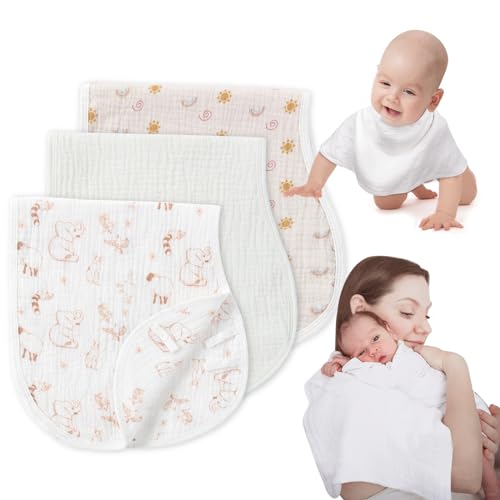 Image of COTTONBEBE Muslin Burp Cloths with Snaps, Multi-Use Burpy Bib 100% Natural Cotton，Large 22"X11" Extra Absorbent Burping Cloth for Baby Girl & Boy, Safari & Rainbow & White