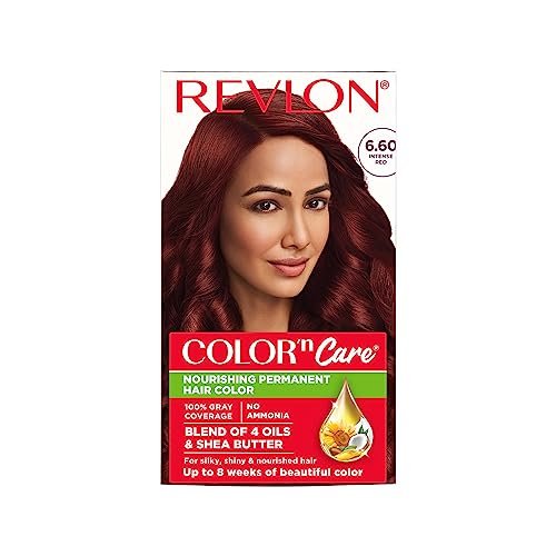REVLON Color ‘n Care NOURISHING PERMANENT HAIR COLOR – 6.60 Intense Red – Has essentials oils of Coconut Argan, Sunflower & Jojoba oil, along with shea butter