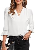 EVALESS Blouses for Women Dressy Casual 3/4 Length Sleeve Pleated V Neck Fall Tops Business Work Office Shirts White S