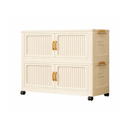 Image of House of Quirk Foldable Storage Box Cabinet with Wheels - Free Installation, Multi-Purpose Bedroom & Living Room Organizer, Shoe Rack, Snack & Household Storage (Cream, 2 Layer, 78cm)
