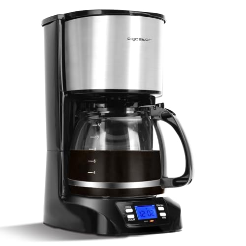 Aigostar Benno - Cafetera de goteo,1.5L(12 Tazas)con Temporizador Programable, Filtro Reutilizable, Pantalla LCD, 800W, Cafetera americano con auto apagado, Función Mantener Caliente. Acero Inoxidable