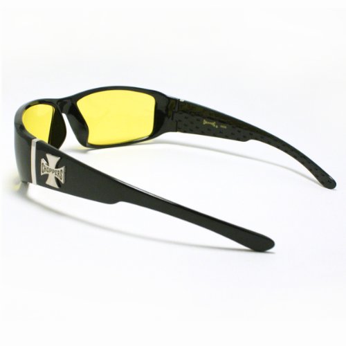Mens Choppers Sunglasses Biker Motorcycle Logos Cross All Black Yellow Lens4