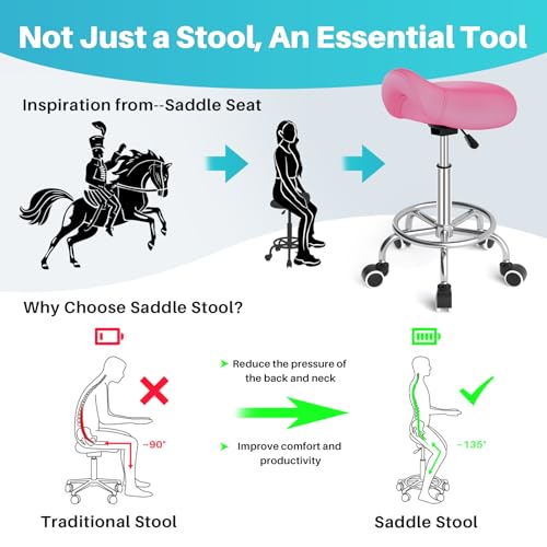Image of YEEZEE Saddle Stool Ergonomic- Comfortable Rolling Saddle Stool with Wide Thick Saddle Seat Padding, Swivel Adjustable Saddle Chair with Wheels and Ring Pedal for Medical Massage Salon (Pink)