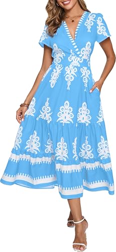 Image of Floral Print Dress for Women Boho Long Dresses Flowy A line Dresses Fit for Office and Casual Vacation Cocktail Party Prom