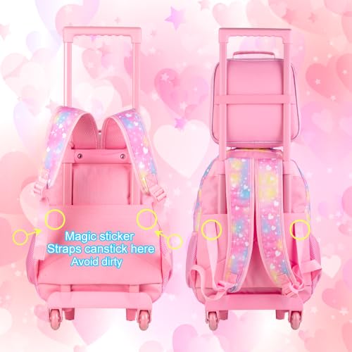 CCJPX 3PCS Rolling Backpack for Girls, Kids Cat Roller Wheels School Bookbag with Lunch Bag, Wheeled School Bag for Toddler Elementary Children4