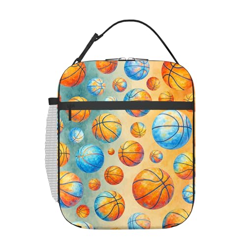Basketball Lunch Bag for Boys, Insulated Kids School Lunch Box, PEVA-Lined Cooler Tote with Mesh Bottle Pocket, Front Pocket, Clip-On Buckle Handle, Double Zipper, Watercolor Pattern, 10 x 8 x 4 in